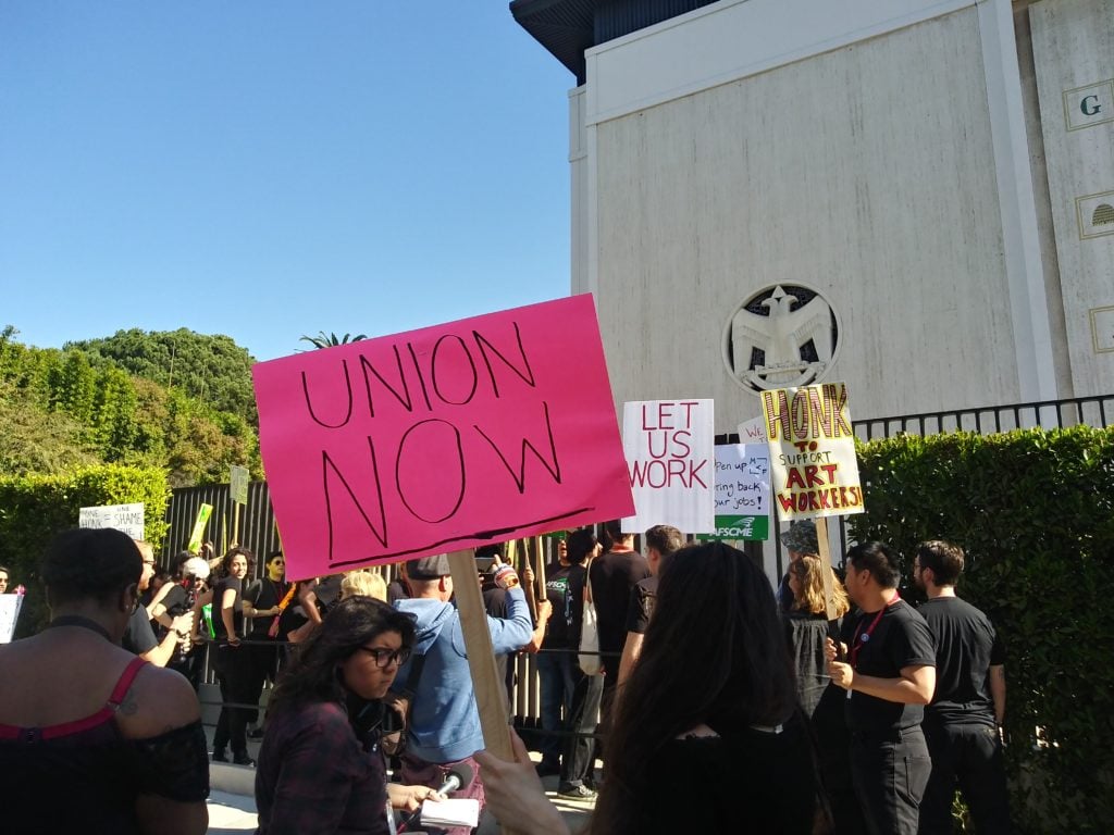 Protests outside of the Marciano Foundation in Los Angeles. Photo: Catherine Wagley.