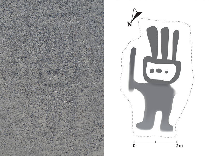The original (left) and an A.I. rendering of a newly uncovered Nazca Line drawing in Peru.