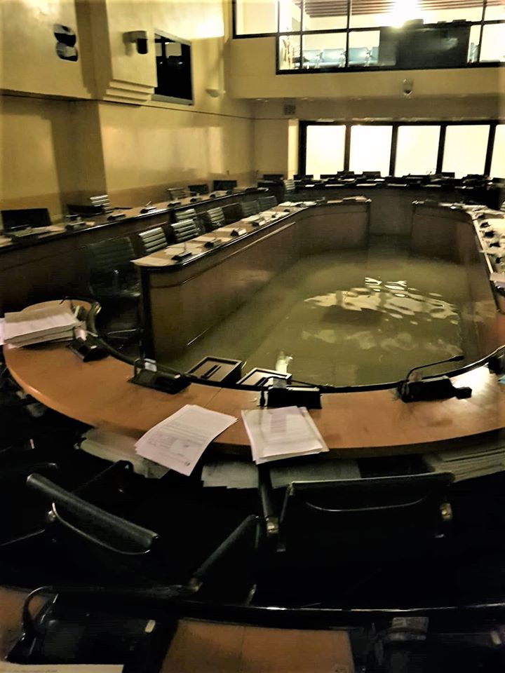The chamber of Venice's regional council flooded moments after a vote rejected anti-climate change amendments to the 2020 budget. Photo via Andrea Zanoni on Facebook.