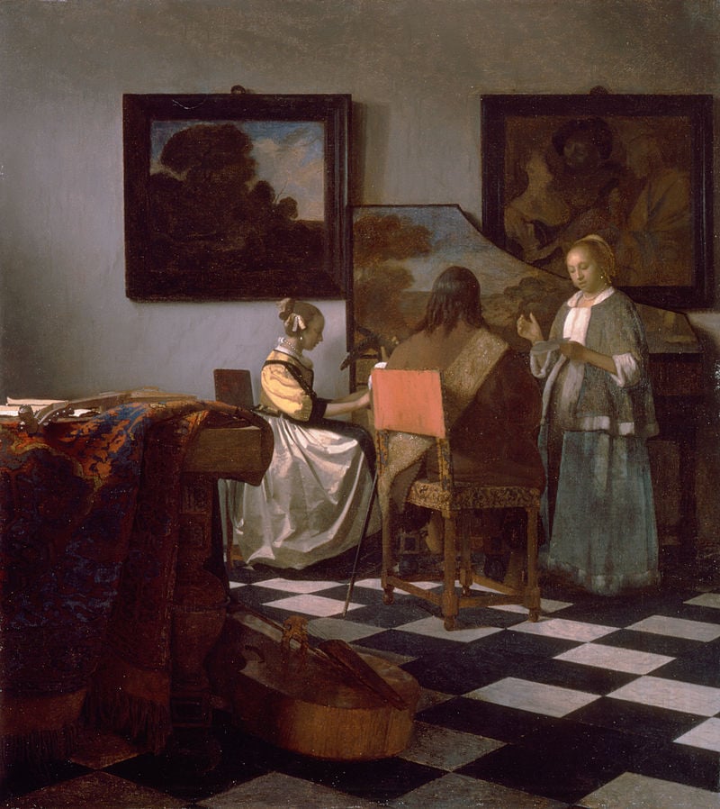 Johannes Vermeer, The Concert (circa 1663–66). The painting was stolen from the Isabella Stewart Gardner Museum in 1990.