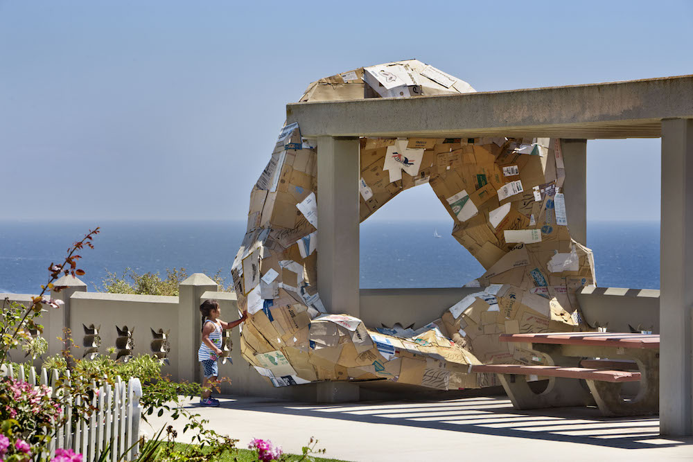 Current LA: A sculpture made of cardboard by artist Michael Parker frames San Pedro Bay, part of the Los Angeles Public Art Challenge project.