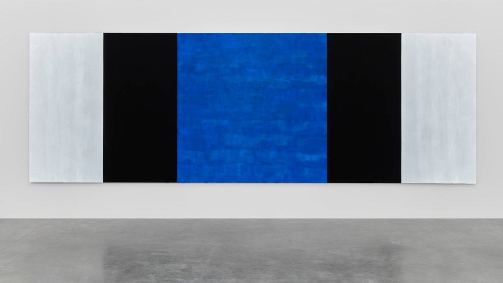 Mary Corse, <i>Untitled (White, Black, Blue, Beveled)</i> (2019). © Mary Corse. Courtesy of Pace Gallery.