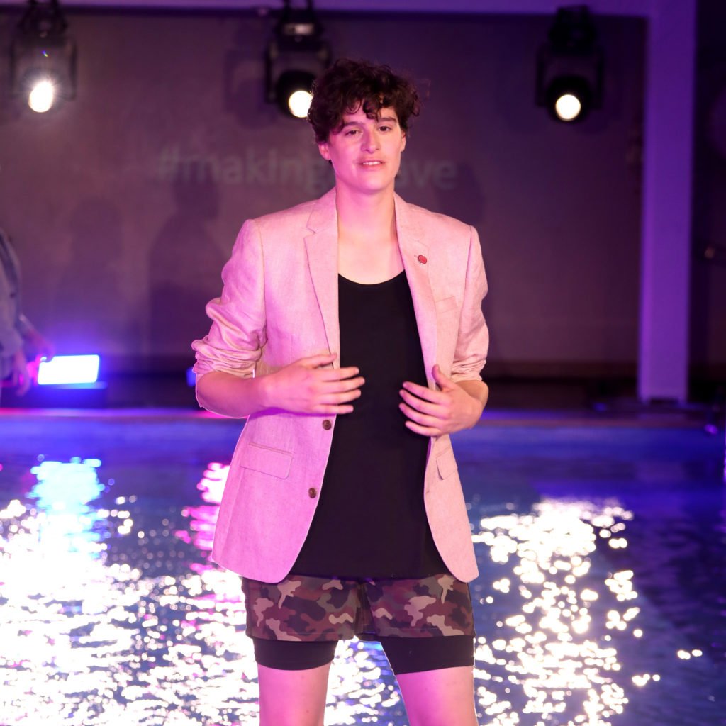 Model Rain Dove walks on water during the Jacamo summer collection in London. (Photo by Lia Toby/Lia Toby/Getty Images for Jacamo)