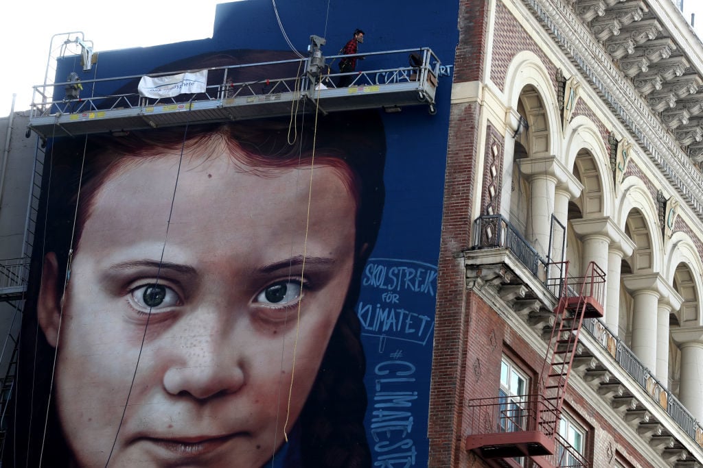 A view of a new four-story-high mural of Swedish climate activist Greta Thunberg on November 11, 2019 in San Francisco, California. Photo: Justin Sullivan/Getty Images.