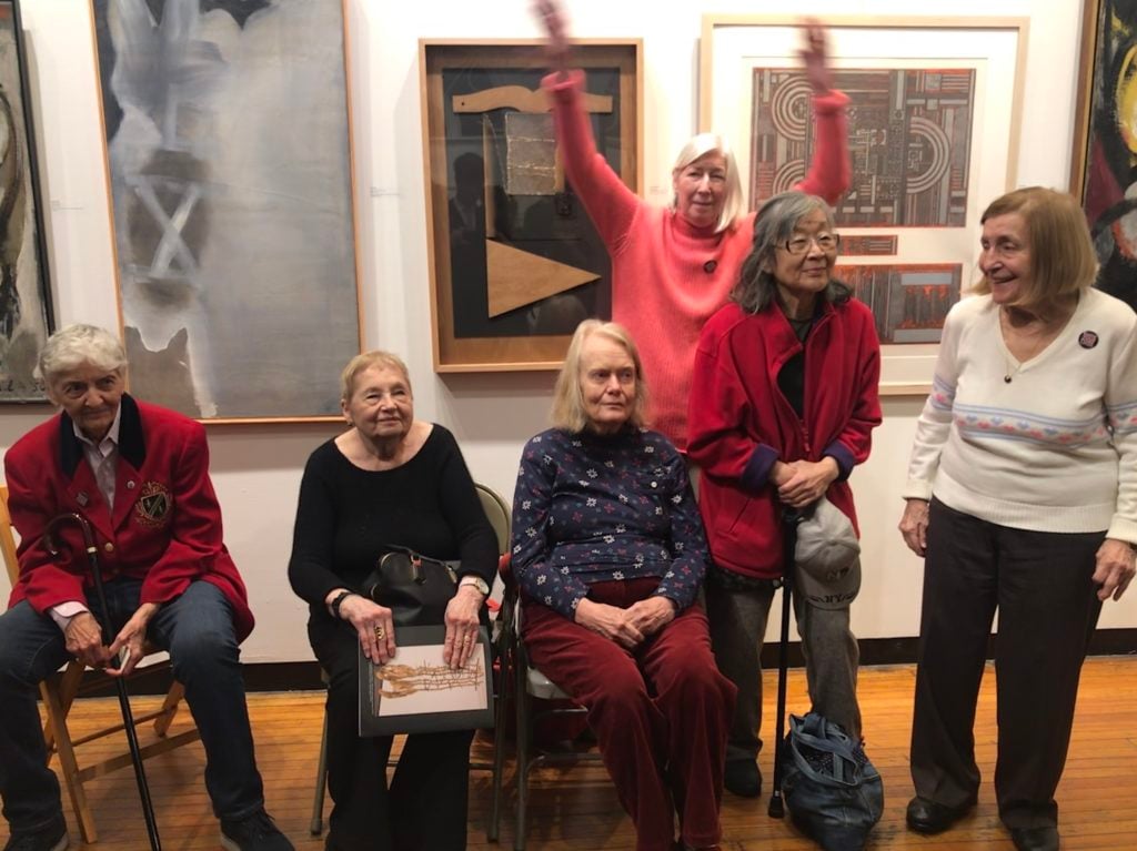 Six of the living artists in "Postwar Women" attended the show's opening reception at the Art Students League of New York. From left to right: Judith Godwin, Joyce Weinstein, Merrill Wagner, Lynn Umlauf, Kazuko Miyamoto, and Regina Bogat. Photo courtesy of the Art Students League of New York.