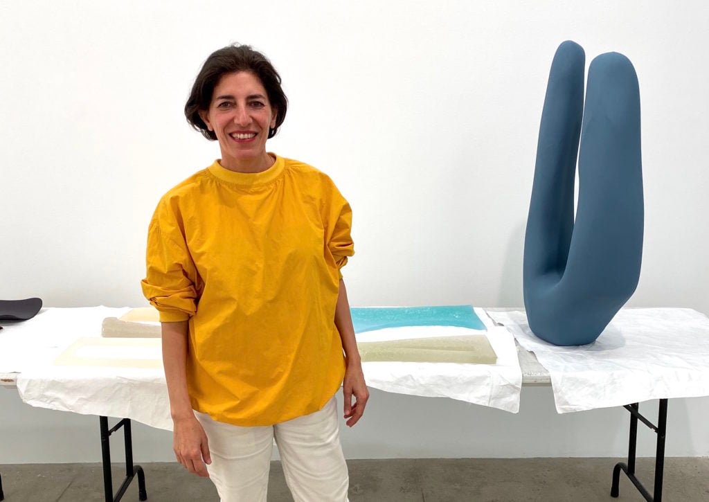 Nairy Baghramian during the installation of her current show at Marian Goodman in New York. Photo by Sarah Cascone.