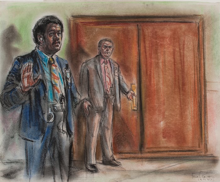 Freda Reiter, <i>Guards Outside Grand Jury Room</i> (c.1973). "The secrecy of the grand jury hearings added even more suspense to the Watergate story. Barred from the proceedings, Reiter captured the heightened security and tension around the proceedings, as in this drawing of two guards outside the grand jury room."