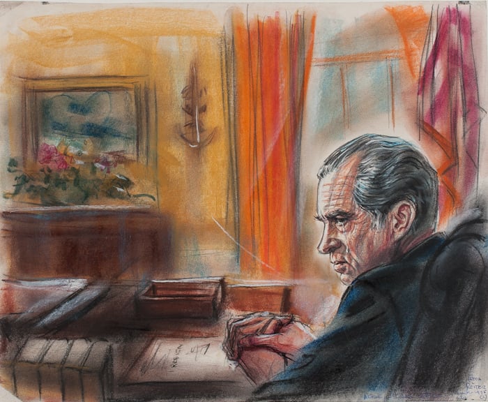 Freda Reiter, <i>Alone in Oval Office</i> (1975). "This pastel imagines Nixon shedding a tear as he prepares to sign his letter of resignation. While the resignation took place on August 9, 1974, the drawing is dated 1975. Reiter might have prepared the drawing for a television program recapping the Watergate saga."