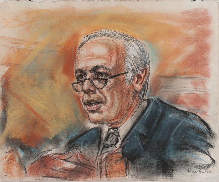 Freda Reiter, <i>Nixon’s attorney, James D. St. Clair</i> (c. 1974). “The Watergate trials marked a high point for the practice of courtroom illustration and Freda Reiter was one of the best in the field,” copy on the Gallery 98 Bowery site states. “The museum-worthy drawings being sold by Gallery 98 are priced from $1600 to $3200.”
