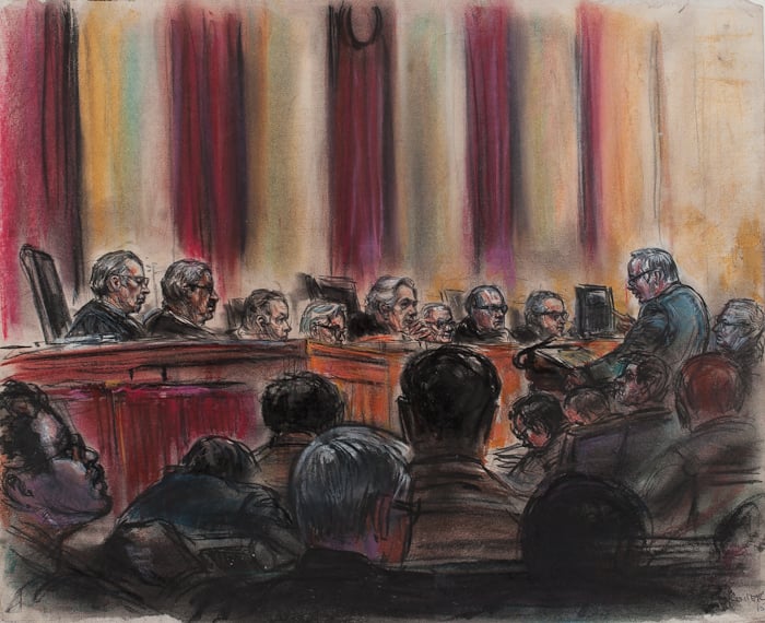 Freda Reiter, <i>St. Clair petitions Supreme Court</i> (1974). Gallery 98 Bowery's site states: "Nixon’s refusal to hand over the White House Tapes, under a claim of 'executive privilege,' led to the Supreme Court case United States vs. Nixon. White House special counsel James St. Clair’s arguments proved unsuccessful, with the Supreme Court ruling against the president on July 24, 1974."