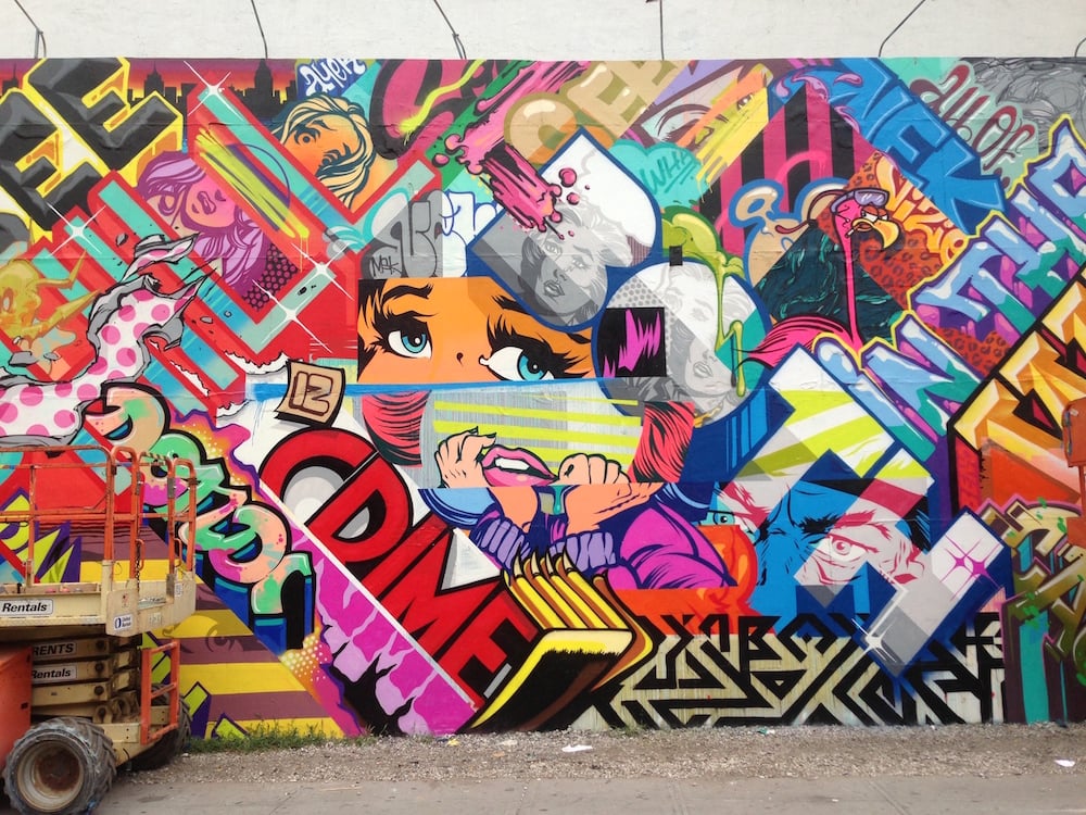 Collaborative mural painted by Pose with Revok in 2013 on a wall at Houston & Bowery. Image courtesy of the artists.