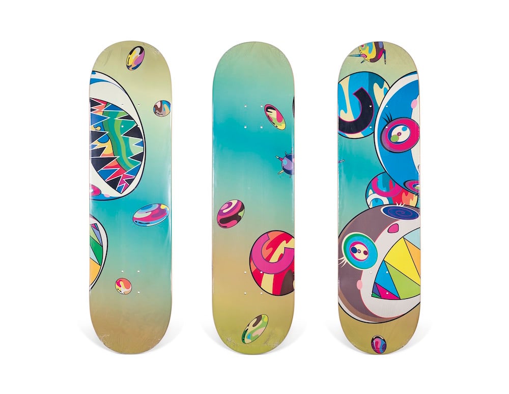 A set of three Takashi Murakami Supreme skaeboards, Sharp Too Bear, Complexion x Takashi Murakami skateboard decks (2019). Image courtesy of Christies