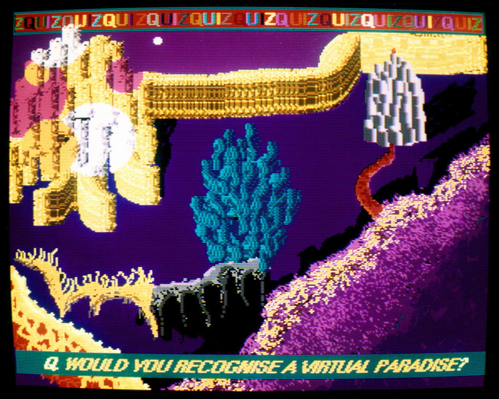 Suzanne Treister, "Fictional Video Game Stills/Q. Would you recognize a Virtual Paradise?" (1992). Courtesy of the artist, PPOW, New York, and Annely Juda Fine Art, London.