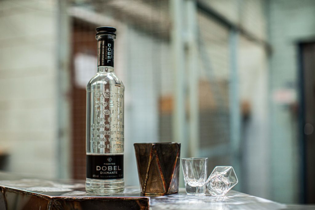 Maestro Dobel Tequila with Mayor's metal goblet and hand-blown tasting glasses.