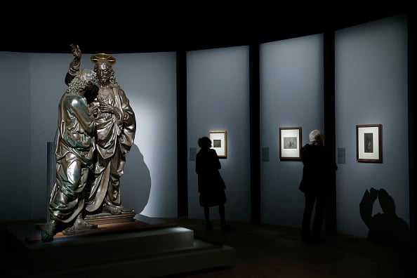 Also in the exhibition is this sculpture by Andrea del Verrocchio called <i>Saint Thomas and the Christ</i>. Del Verrocchio ran a workshop in Florence in the 15th century and was considered da Vinci's teacher. Photo by Chesnot/Getty Images.