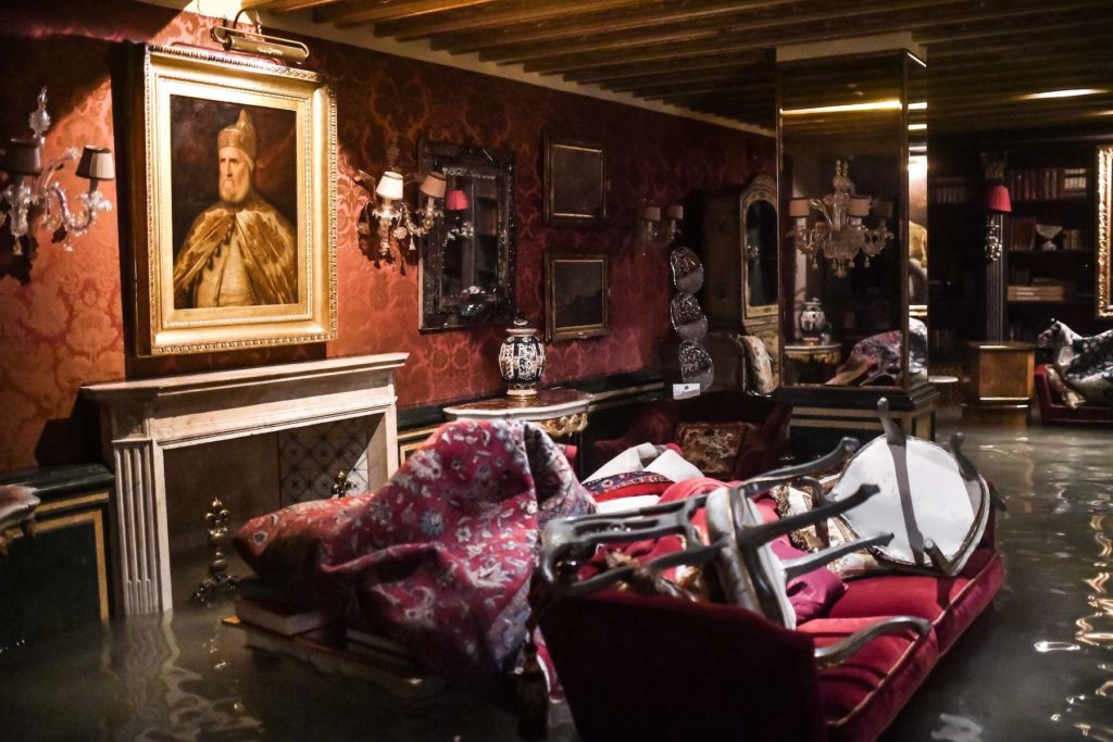 A room in the flooded Gritti Palace during the Venice flooding on November 12. Photo by Marco Bertorello//AFP via Getty Images.