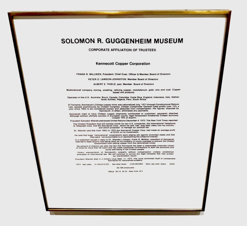 Panel from Hans Haacke, <em>Solomon R. Guggenheim Museum Board of Trustees</em> (1974). Image: Ben Davis.