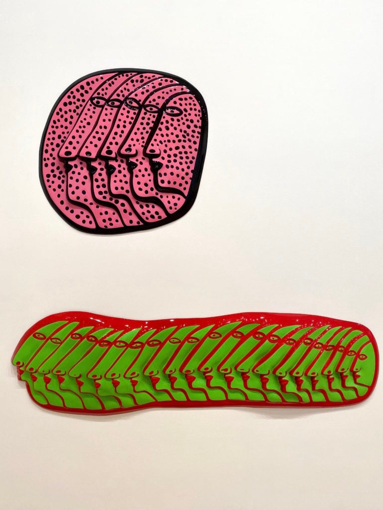 Yayoi Kusama, <em>SOULS OF WOMEN THAT CONTINUE FOREVER (B/P)</em> (2019) and <em>SOULS OF WOMEN THAT CONTINUE FOREVER(R/LG)</eM> (2019) in "Yayoi Kusama: EVERY DAY I PRAY FOR LOVE" at David Zwirner, New York. Photo by Sarah Cascone.