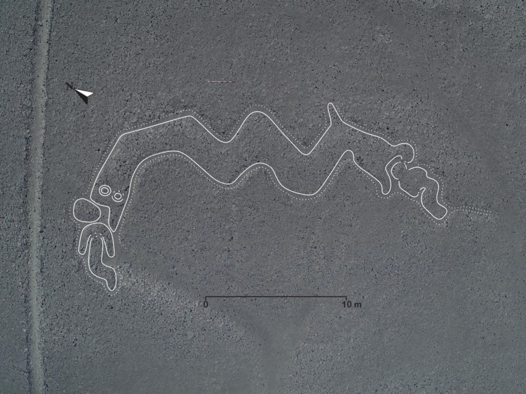 The analyzed Nazca Line depicts a two-headed snake devouring humanoids.