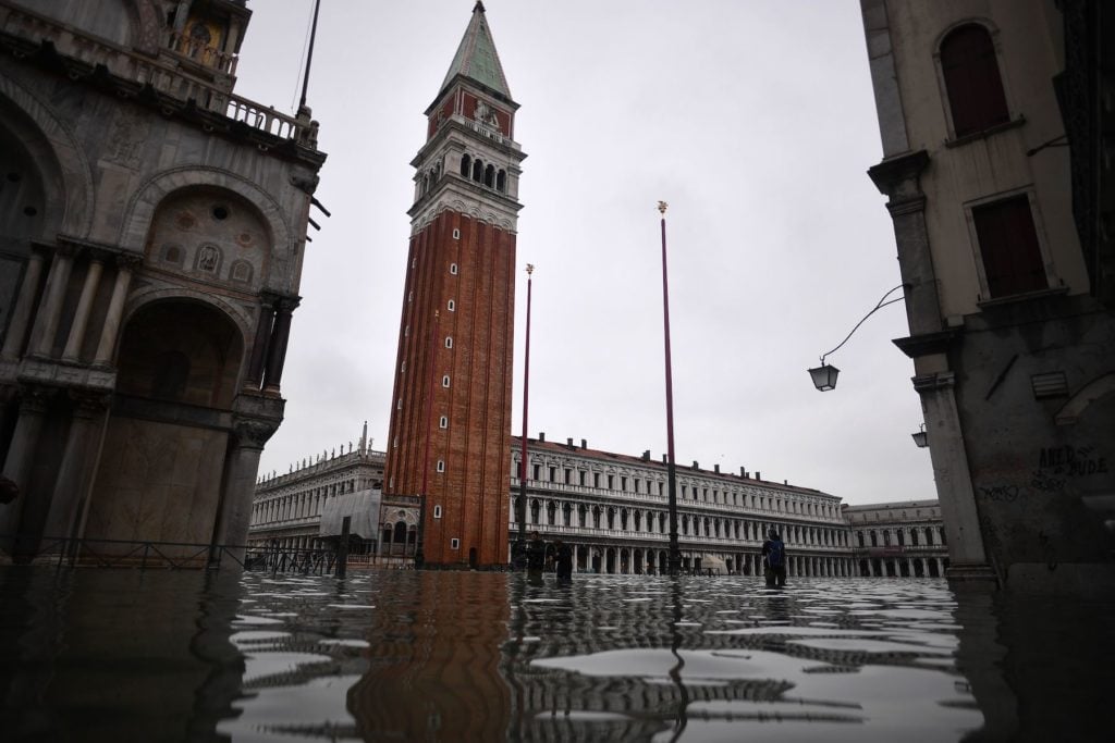 A general view shows the flooded St. Mark's Square and Bell Tower after the flooding on November 12. Photo by Marco Bertorello/AFP via Getty Images.