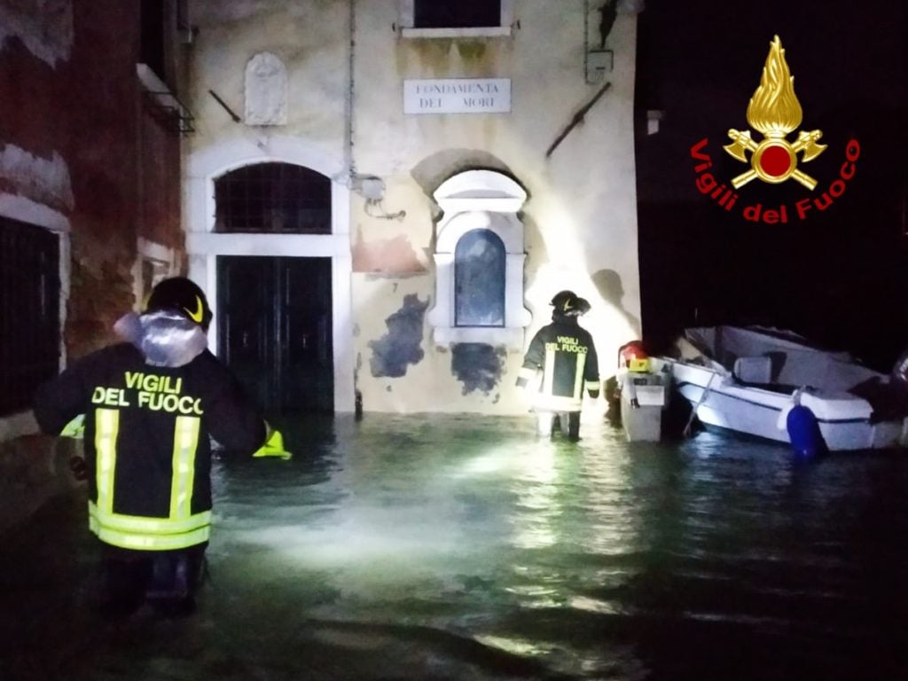 Fire fighters conduct search and rescue operation following the flooding in Venice on November 13, 2019. Photo by Vigili del Fuoco/Italian National Firefighters Corps/Handout/Anadolu Agency via Getty Images.