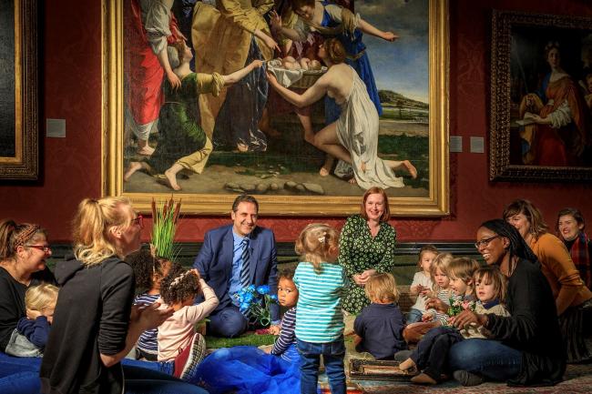 National Gallery director Gabriele Finaldi and children with Orazio Gentileschi's <em>The Finding of Moses</em> (early 1630s), purchased by London's National Gallery with the assistance of donations from the public. Photo courtesy of the National Gallery, London. 