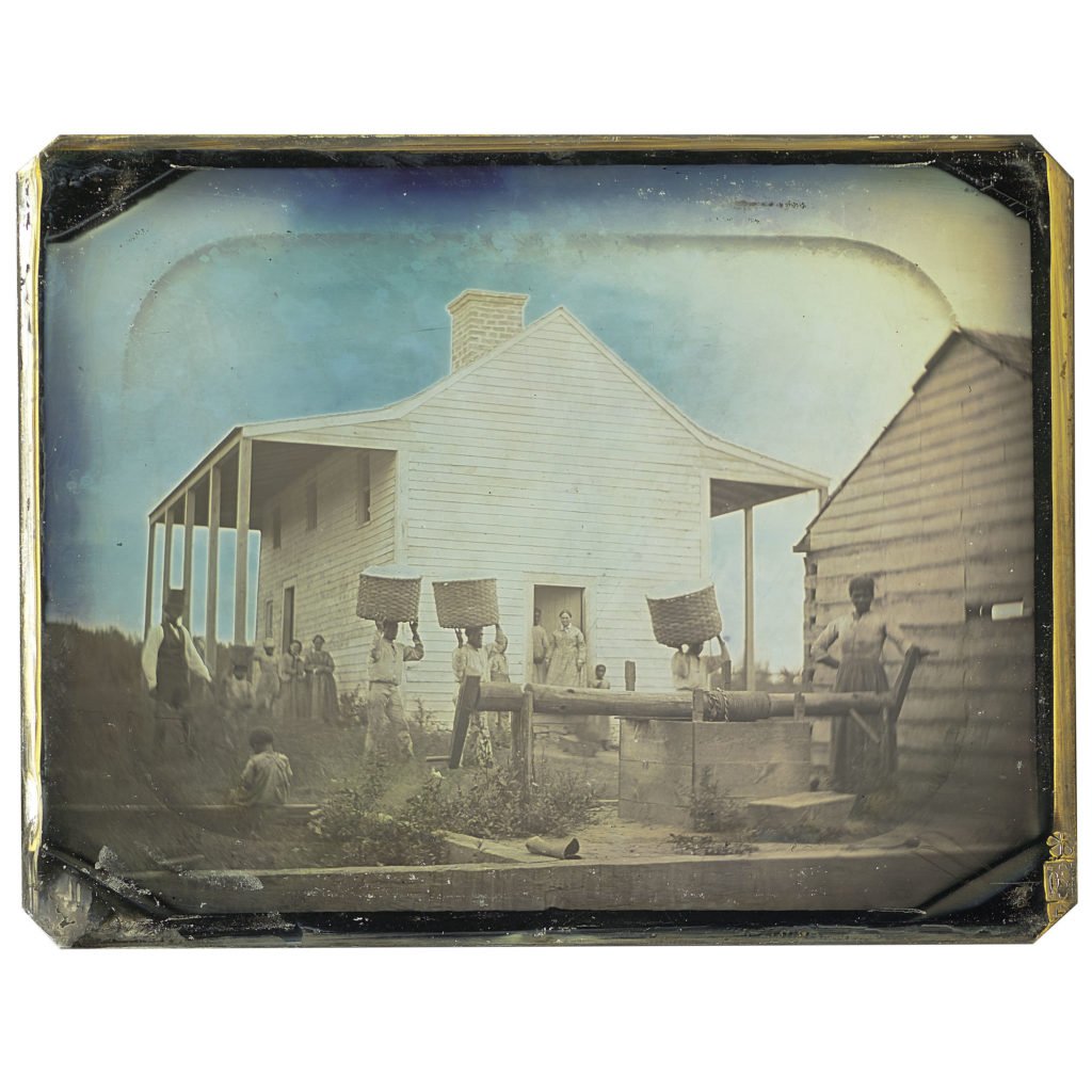 The daguerreotype before restoration. Unknown maker, American. Slaves on cotton plantation, ca. 1850. Daguerreotype, quarter plate. Gift of the Hall Family Foundation. 