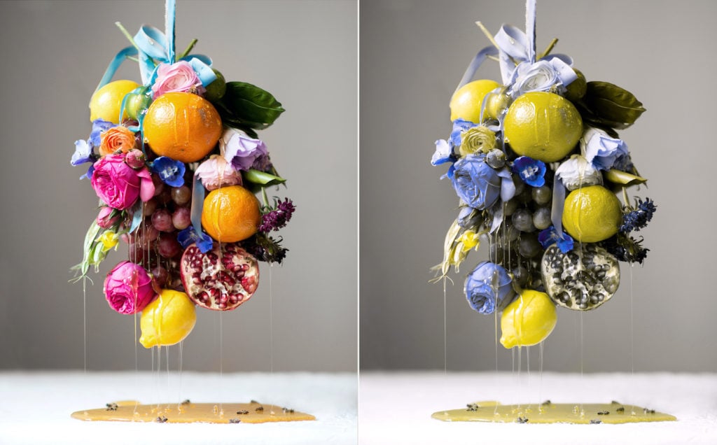 Normal color vision, left, and color blind view, right, of Blue Ribbon Fruit, by Kristen Hatgi Sink, Museum of Contemporary Art, Denver. Color blind conversion courtesy of EnChroma, Inc.