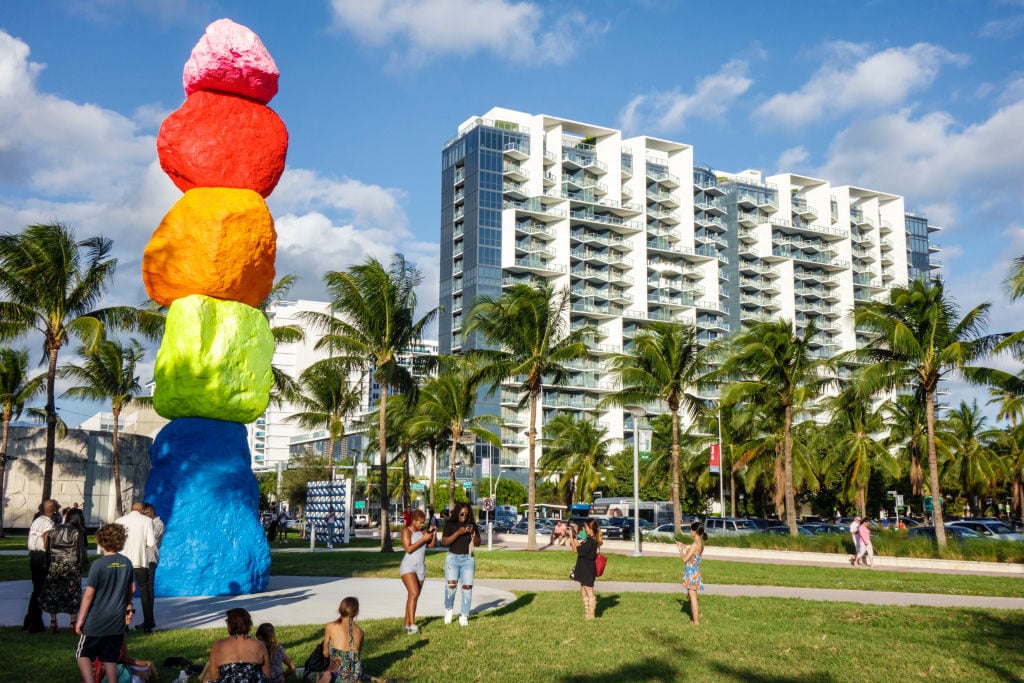 Ugo Rondinone, Miami Mountain ().Florida, Miami Beach, Collins Park. Photo by Jeffrey Greenberg/Universal Images Group via Getty Images.