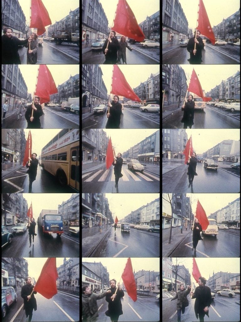 Felix Gmelin's Farbtest, Die Rote Fahne II (Color Test, The Red Flag II) (2002). After Gerd Conradt’s Farbtest, Die Rote Fahne (1968). Screen capture of Otto F. Gmelin, 1968. Courtesy of Felix Gmelin.