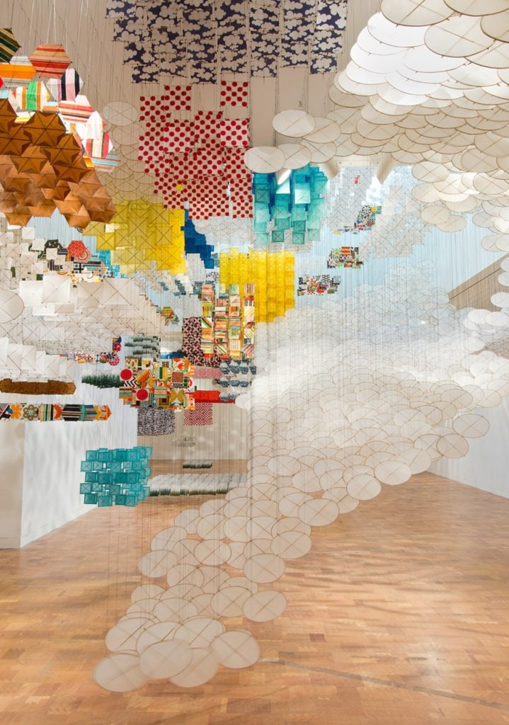 Installation view of Jacob Hashimoto, Gas Giant at MOCA Pacific Design Center. Photo by Brian Forrest, courtesy of The Museum of Contemporary Art, Los Angeles.
