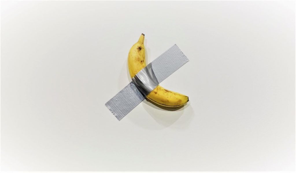 Maurizio Cattelan's <em>Comedian</em>, for sale from Perrotin at Art Basel Miami Beach. Photo by Sarah Cascone. 
