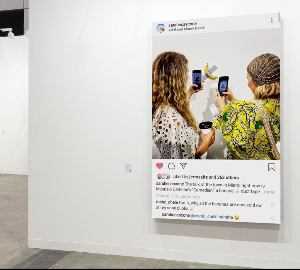 Adrian Wilson created this image of Sarah Cascone's widely reproduced Instagram post of two women photographing Maurizio Cattelan's $120,000 banana, reimagined as one of Richard Price appropriated Instagram artworks.