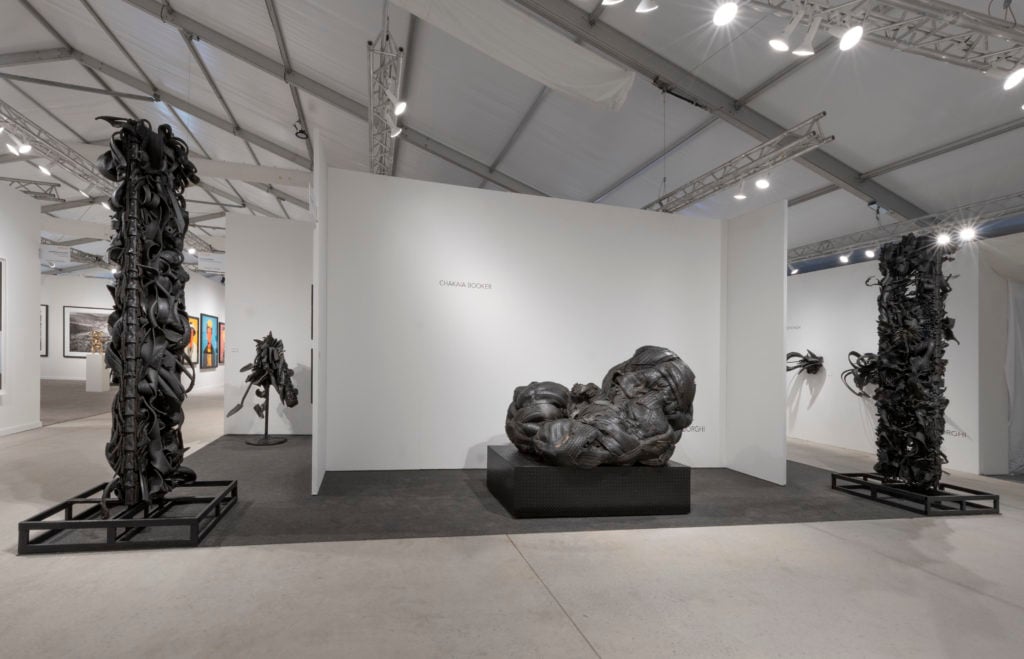 Installation view of Chakaia Booker's sculptures with Mark Borghi Gallery at Art Miami, 2019. Courtesy Mark Borghi Gallery.