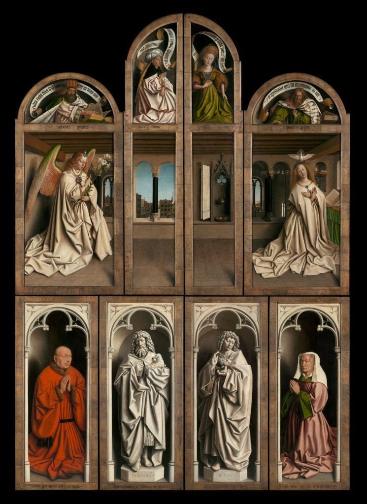Jan and Hubert van Eyck, The Adoration of the Mystic Lamb (1432). Outer panels of the closed altarpiece. Saint Bavo’s Cathedral, Ghent ©www.lukasweb.be - Art in Flanders vzw.