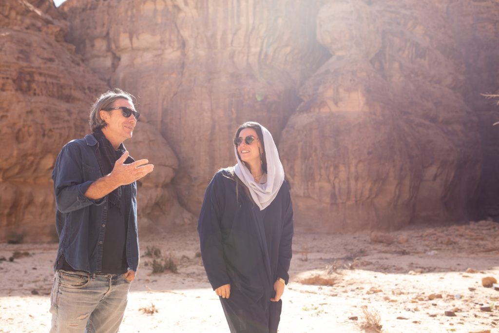 Neville Wakefield and Raneem Farsi, co-curators of DesertX AlUla onsite. Photo: Noon Art © RCU.