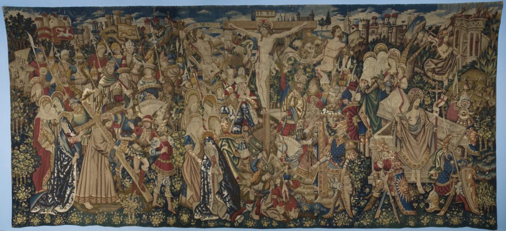 Anonymous, Tapestry with Scenes from the Passion of Christ: Christ Carrying the Cross, The Crucifixion and The Resurrection (c. 1445-1455). Royal Museums of Art and History of Belgium, Brussels ©KMKG, Brussels.