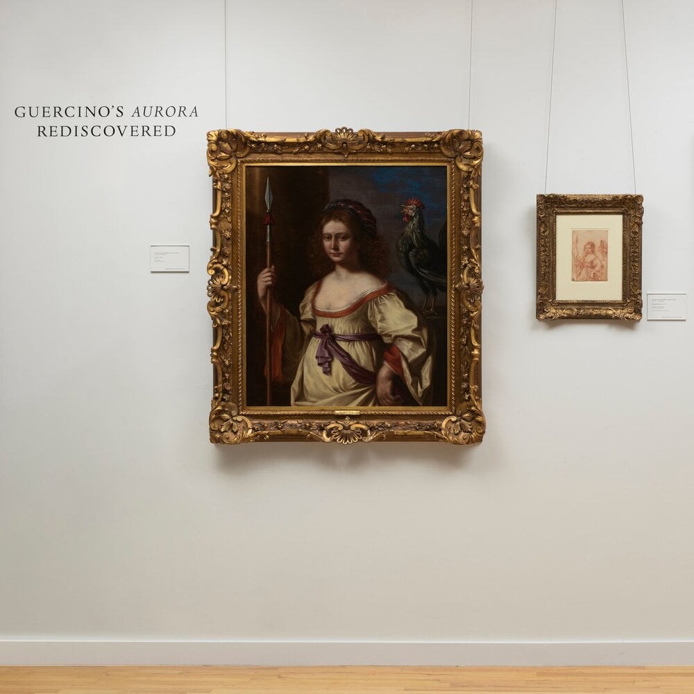 Installation view of Guercino's <em>Aurora</em> and its preparatory drawing at Christopher Bishop Fine Art. Photo courtesy of Christopher Bishop Fine Art, New York. 