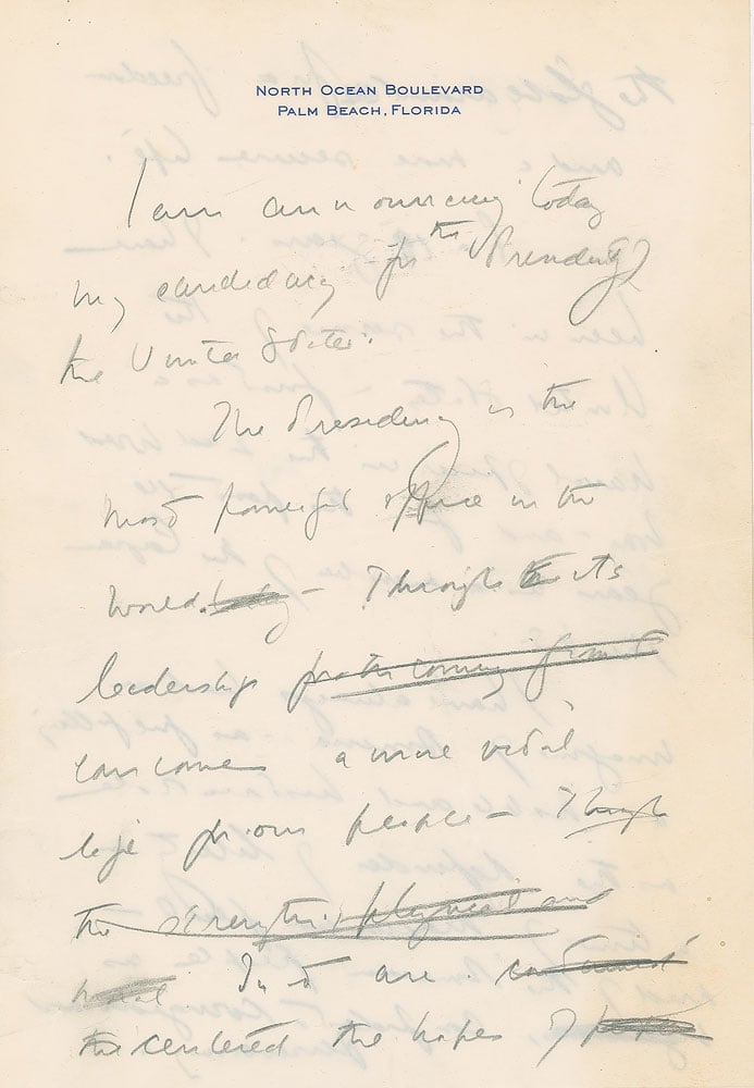 John F. Kennedy's handwritten draft announcing his intention to run for the presidency, January 2, 1960. Courtesy of RR Auction. 