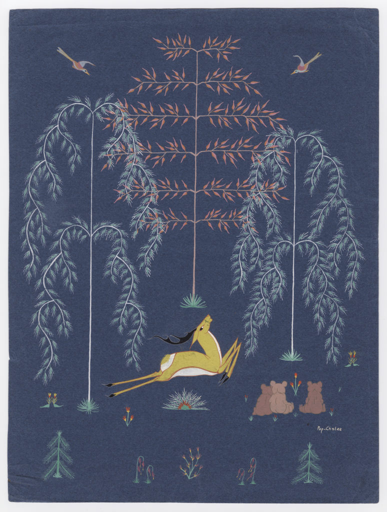 Pop Chalee (Merina Lujan; Taos Pueblo), <em>Deer in a Forest</em> (circa 1930–40). Photo courtesy of the Beinecke Rare Book and Manuscript Library. 