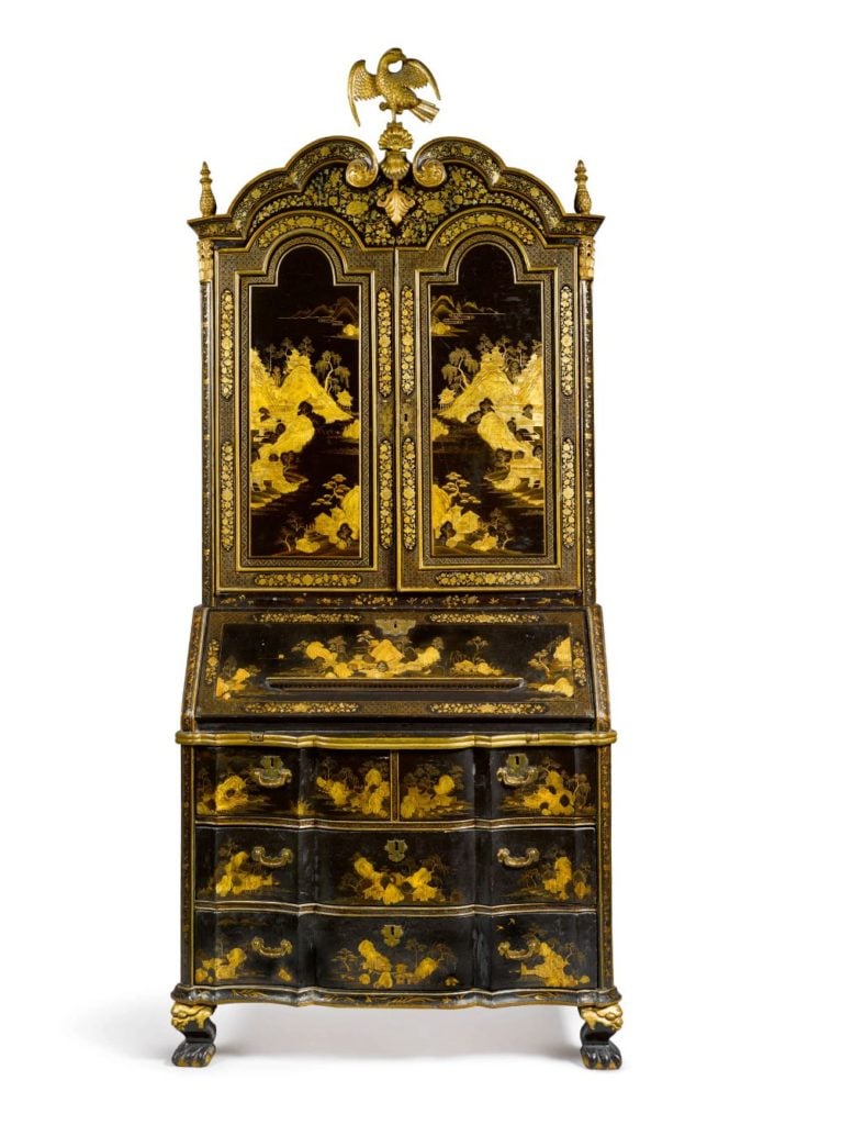A Chinese export black and gold lacquer bureau cabinet, circa 1730. Image courtesy of Sotheby's.