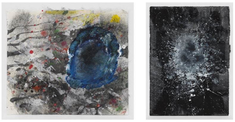 Jack Whitten left <i>Space Flower #9</i> ( 2006) right <i>Transitional Space 10</i> (1969) <br>© Jack Whitten Estate Courtesy the Jack Whitten Estate and Hauser & Wirth Photo: Genevieve Hanson 
