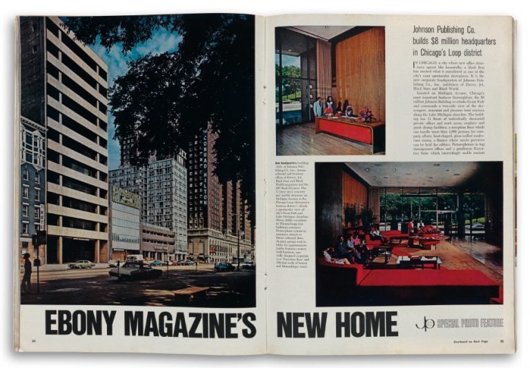 A feature in the September 1972 edition of Ebony Magazine debuting the Johnson Publishing Company's new headquarters. Courtesy of Swann Galleries.
