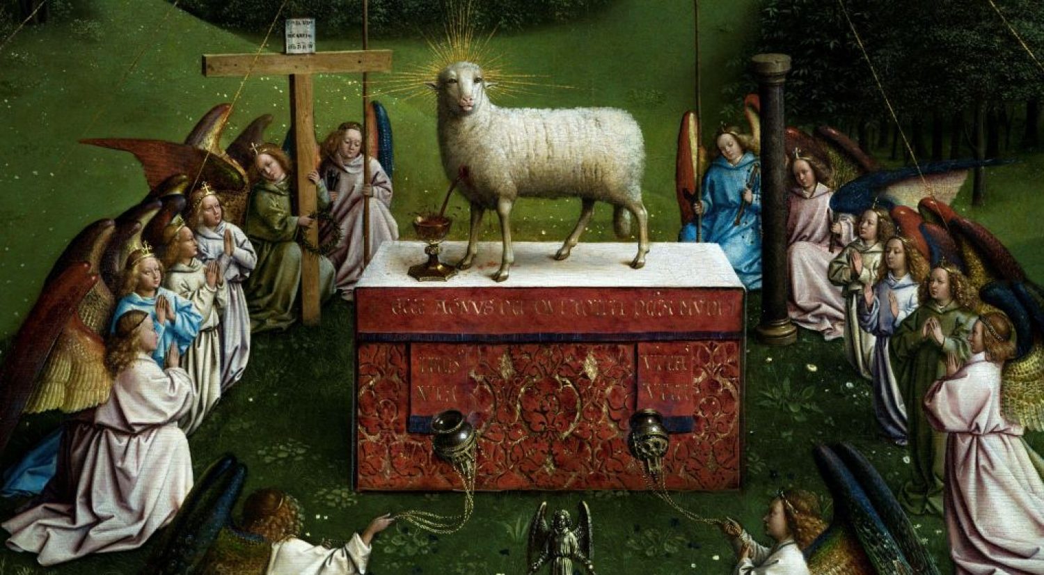 A picture taken on December 17, 2019 shows a detail of the restored original of Adoration of the Mystic Lamb altarpiece (1432) by the brothers and Flemish artists Hubert van Eyck and Jan van Eyck at the Museum of Fine Arts Ghent (MSK) in Ghent, Belgium.(Photo by Kenzo Tribouillard / AFP via Getty Images.