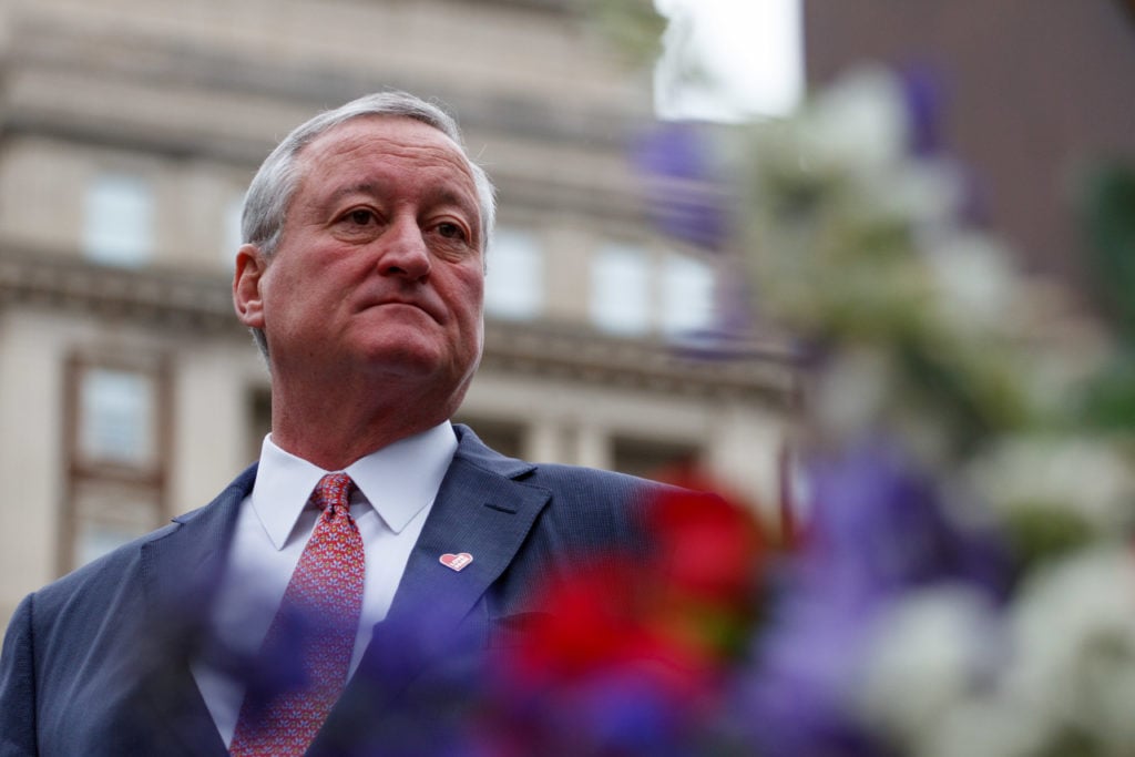 Mayor Jim Kenney attends a ceremony re-opening the city's iconic Love Park, home of the famous LOVE statue by artist Robert Indiana, after more than two years of renovations. (Photo by Michael Candelori/Pacific Press/LightRocket via Getty Images)