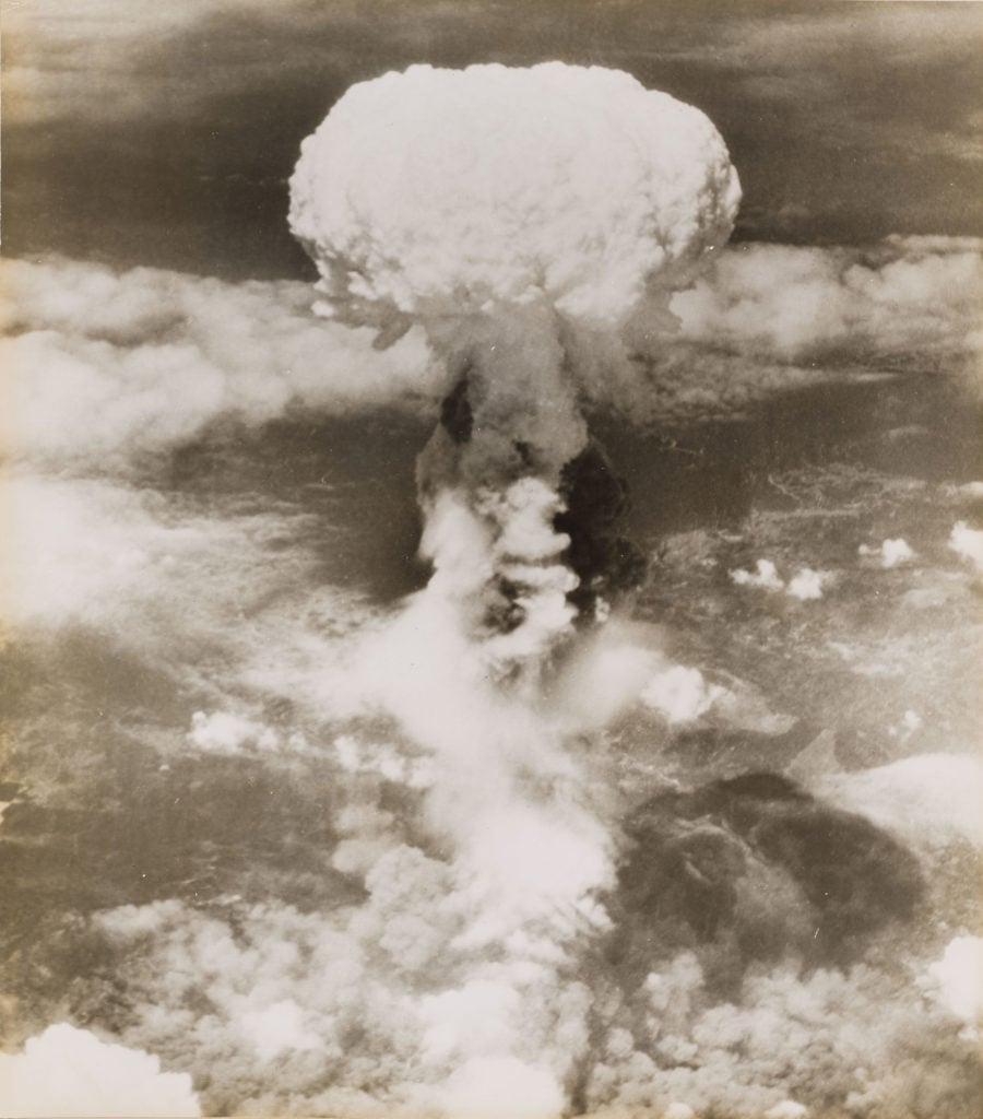 Mushroom cloud from the atomic bomb explosion, Nagasaki, August 9, 1945, 11:02 a.m. Photo by US military, donated by Stimson Center, courtesy of Hiroshima City University.