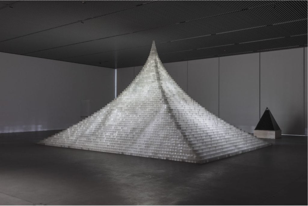 Agnes Denes, Model for Probability Pyramid—Study for Crystal Pyramid (2019). Photo by Stan Narten, commissioned by the Shed; courtesy the artist and Leslie Tonkonow Artworks + Projects.