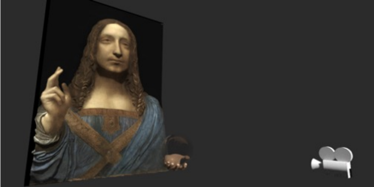 Virtual scene setup where an orb-holding hand model is positioned in front of the subject’s relief, which is textured with a modified version of the painting, Leonardo da Vinci's Salvator Mundi. Courtesy of University of California, Irvine.