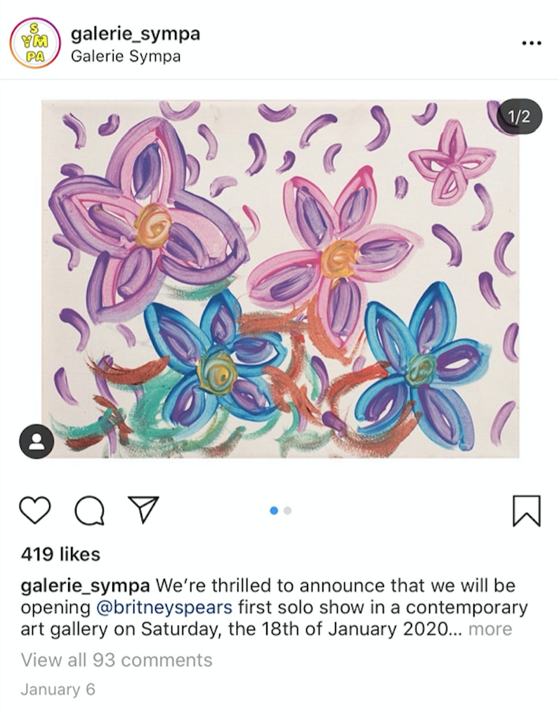  Britney Spear's solo exhibition at Galerie Sympa was announced over Instagram.