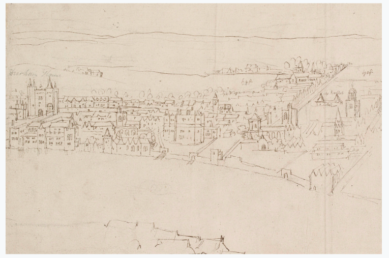 Anthonis van den Wijngaerde's drawing of the Strand around 1543. Courtesy of the Oxford University Ashmolean Museum.